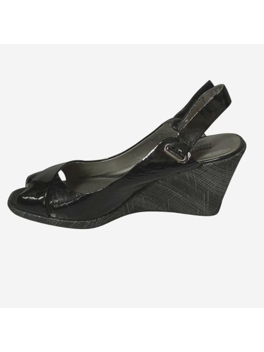 Kenneth Cole Reaction Black Patent Leather Peep Toe Slingback Wedge Heels Womens - Picture 11 of 13